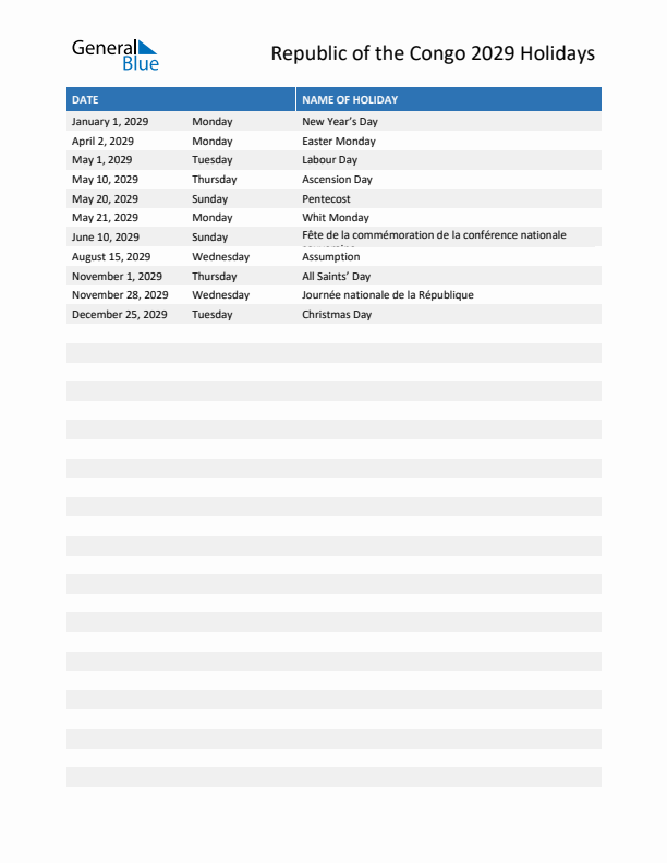 Free printable list of Republic of the Congo holidays for year 2029