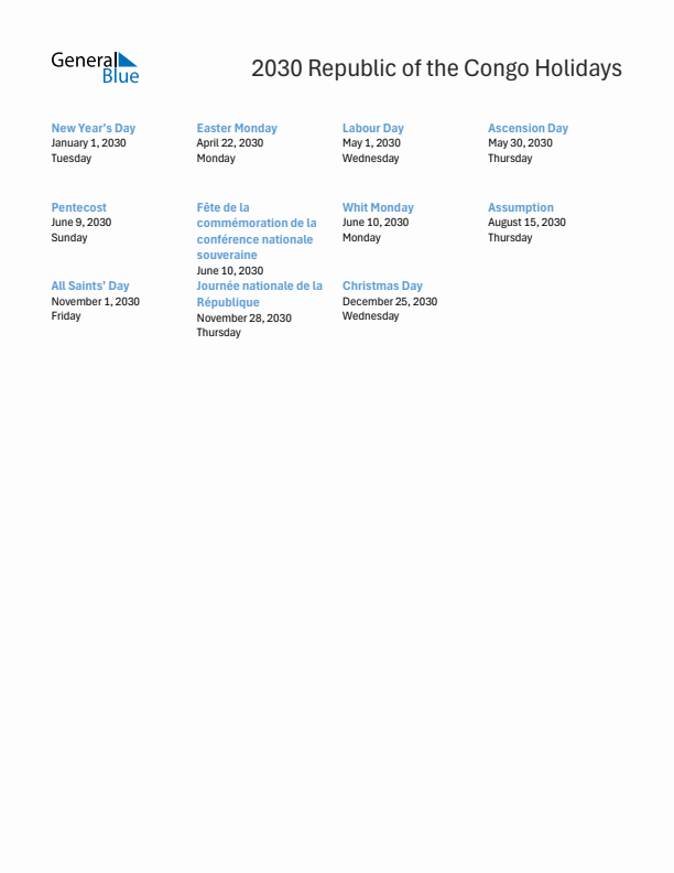 Free printable list of Republic of the Congo holidays for year 2030