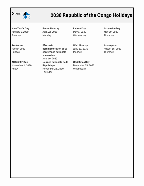 Free printable list of Republic of the Congo holidays for year 2030