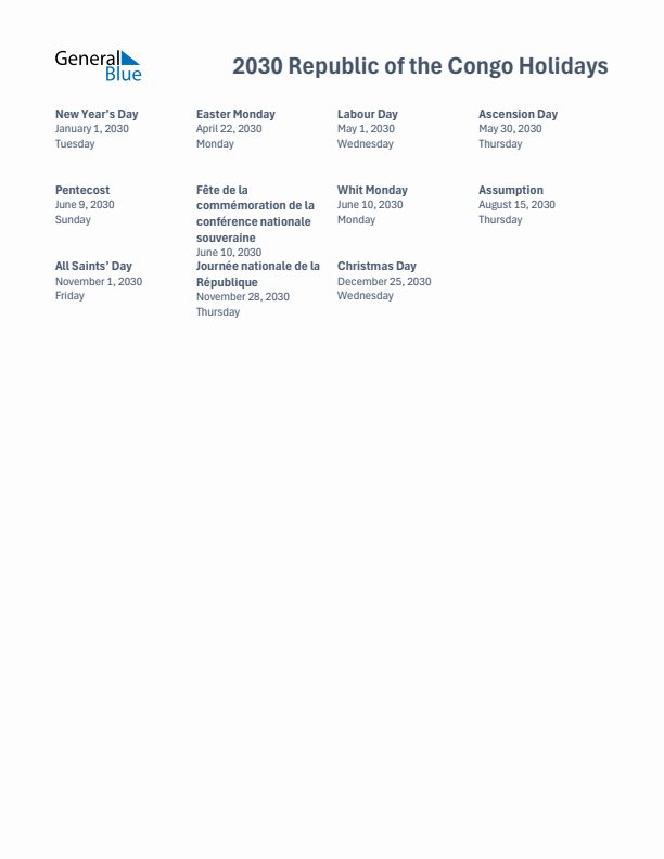 Free printable list of Republic of the Congo holidays for year 2030