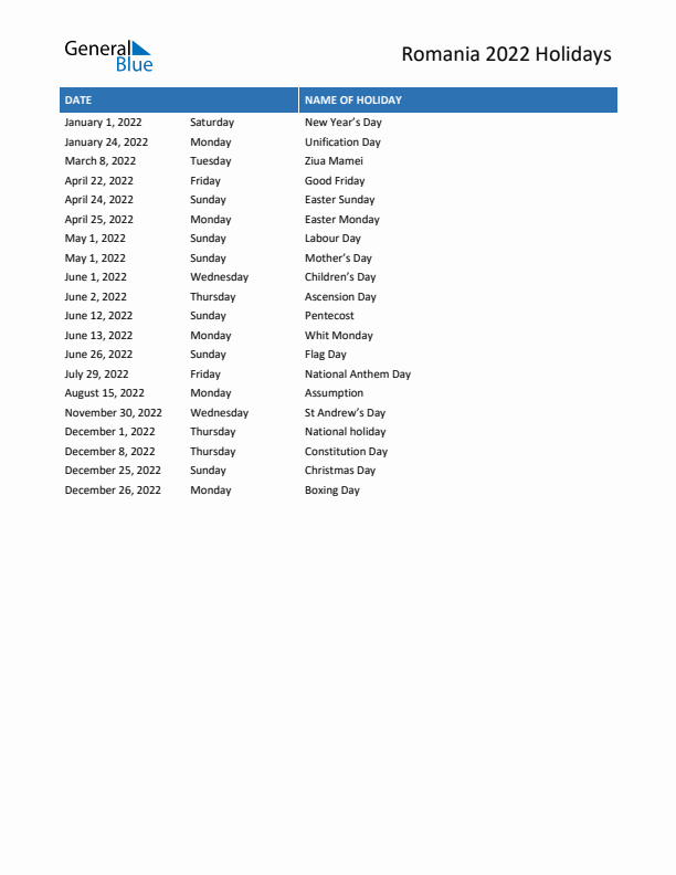 Free printable list of Romania holidays for year 2022
