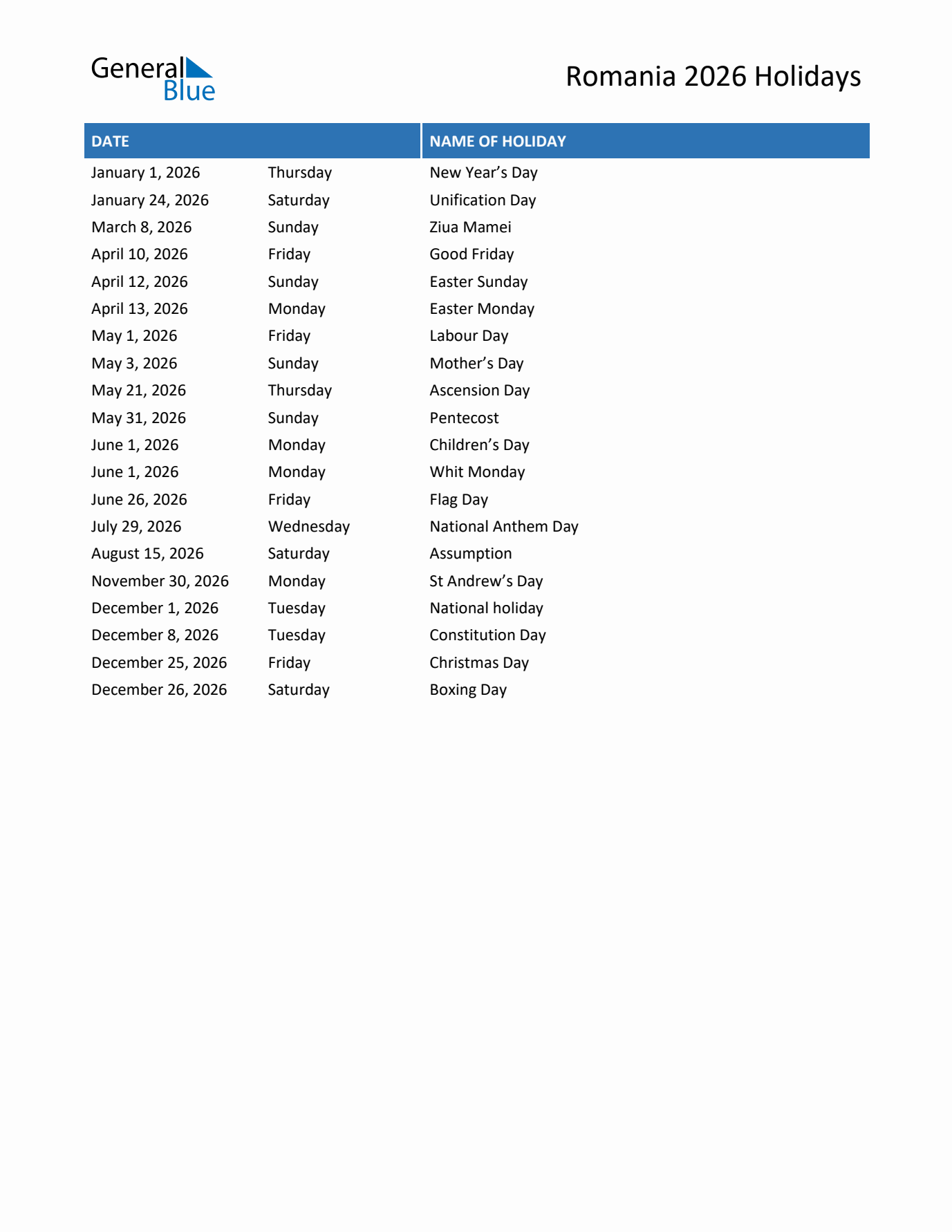 2026 Romania List of Holidays in PDF, Word, and Excel