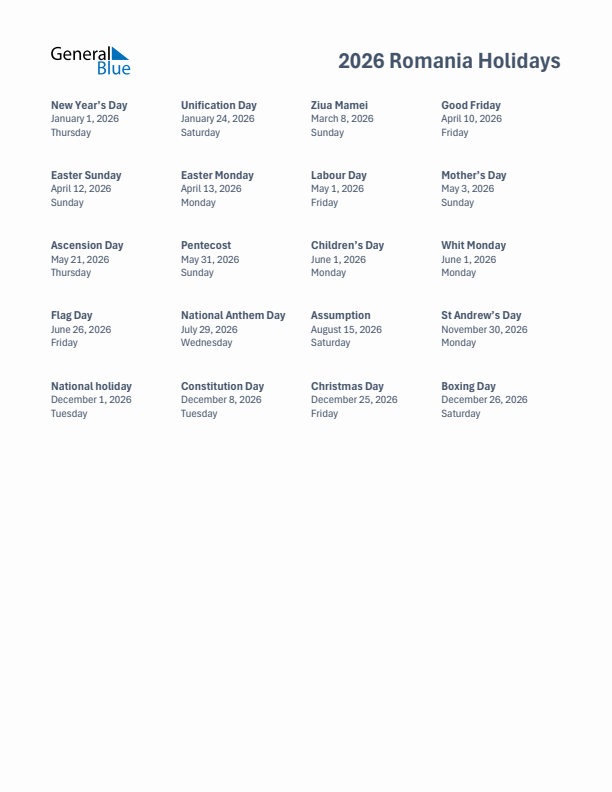 2026 Romania List of Holidays in PDF, Word, and Excel