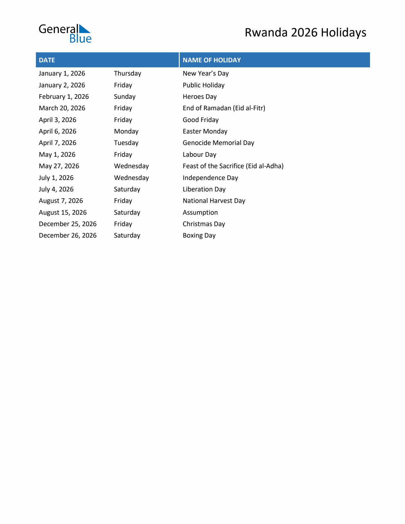 2026 Rwanda List of Holidays in PDF, Word, and Excel