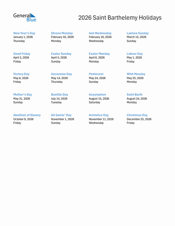 Free printable list of Saint Barthelemy holidays for year 2026