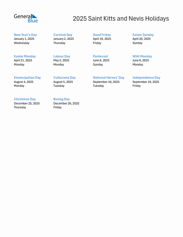 Free printable list of Saint Kitts and Nevis holidays for year 2025