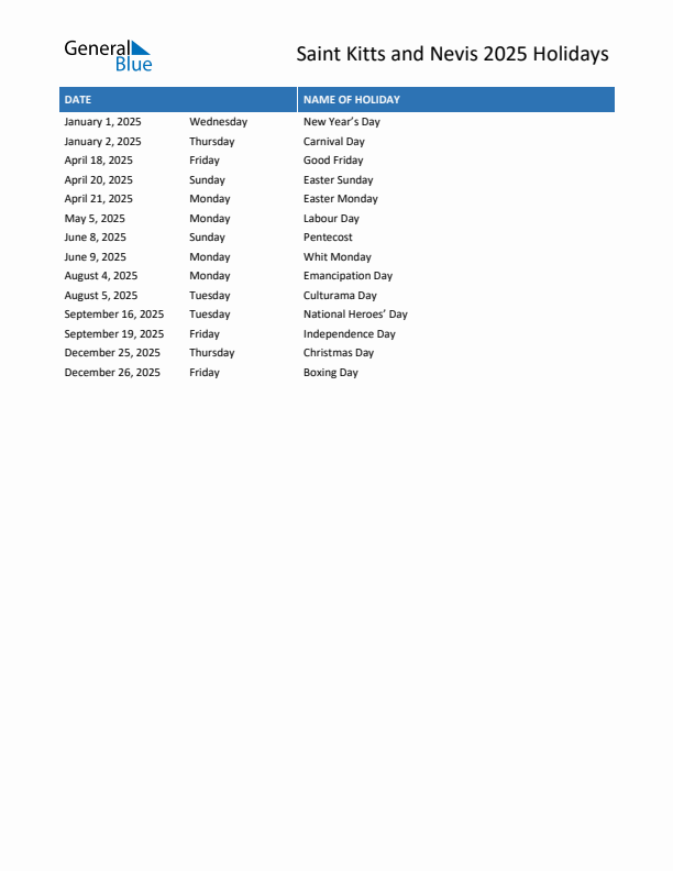 Free printable list of Saint Kitts and Nevis holidays for year 2025