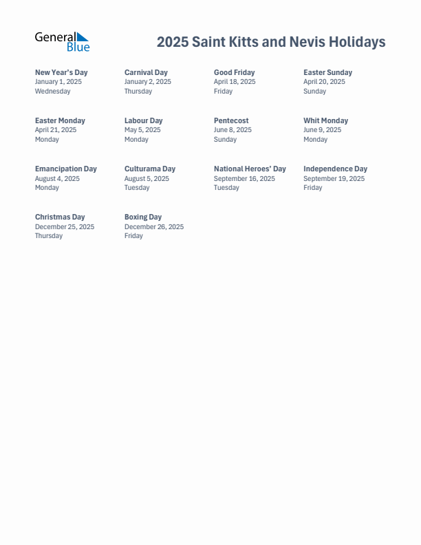 Free printable list of Saint Kitts and Nevis holidays for year 2025