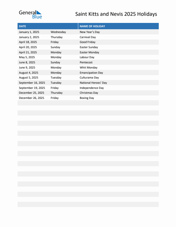 Free printable list of Saint Kitts and Nevis holidays for year 2025
