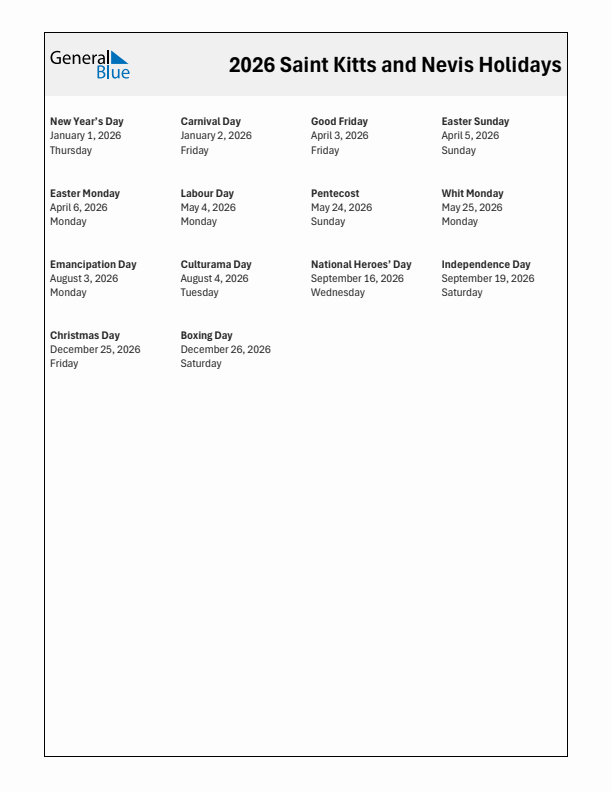Free printable list of Saint Kitts and Nevis holidays for year 2026