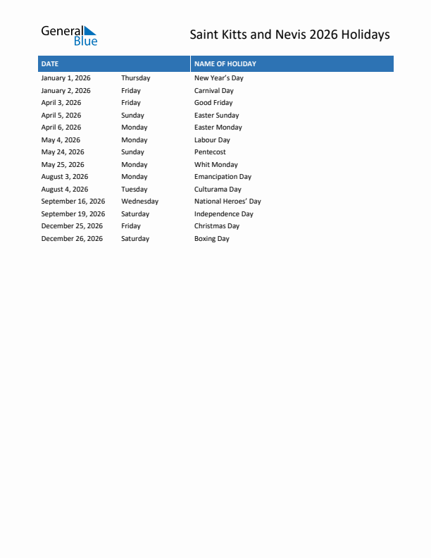 Free printable list of Saint Kitts and Nevis holidays for year 2026