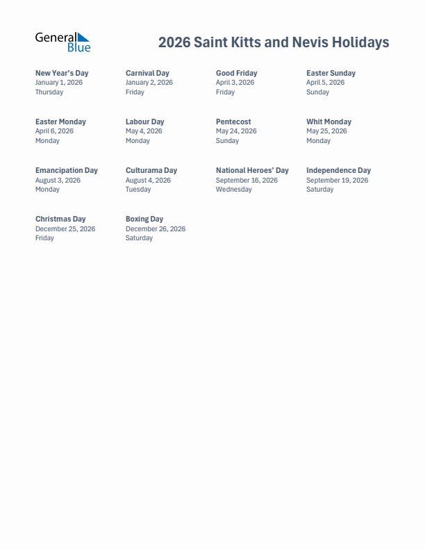 Free printable list of Saint Kitts and Nevis holidays for year 2026