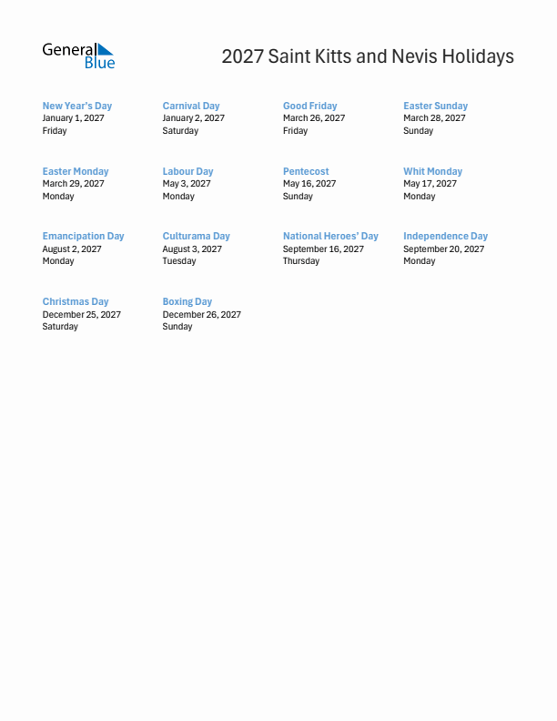 Free printable list of Saint Kitts and Nevis holidays for year 2027