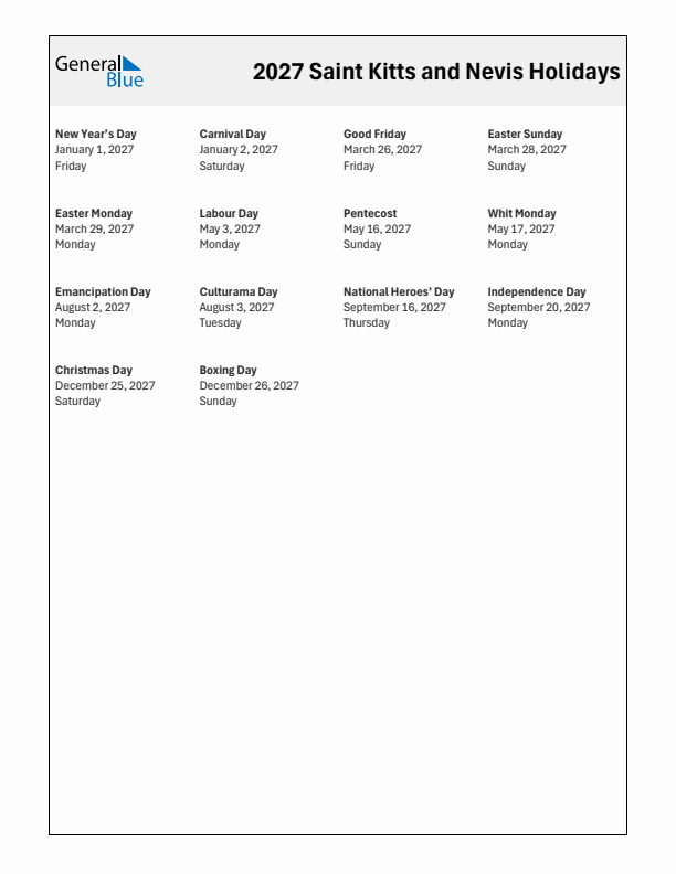 Free printable list of Saint Kitts and Nevis holidays for year 2027