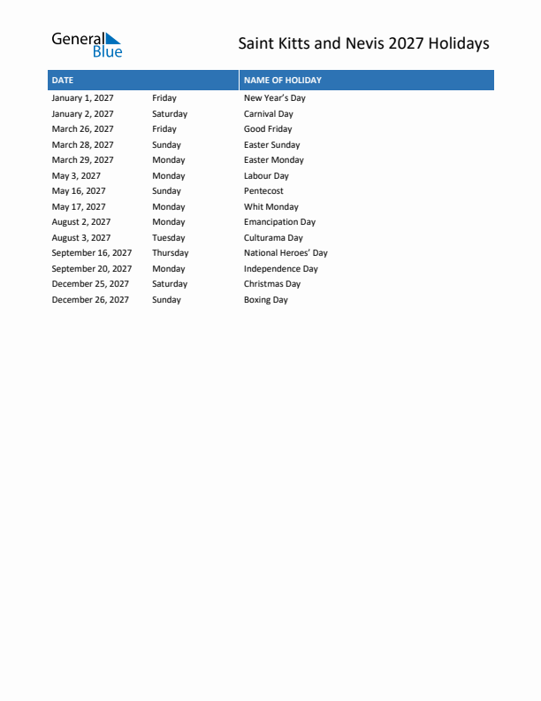 Free printable list of Saint Kitts and Nevis holidays for year 2027