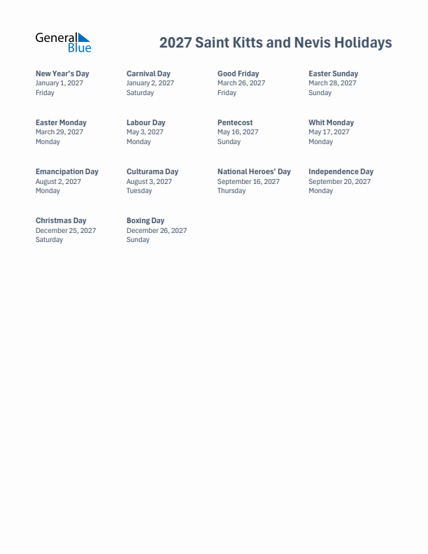 Free printable list of Saint Kitts and Nevis holidays for year 2027