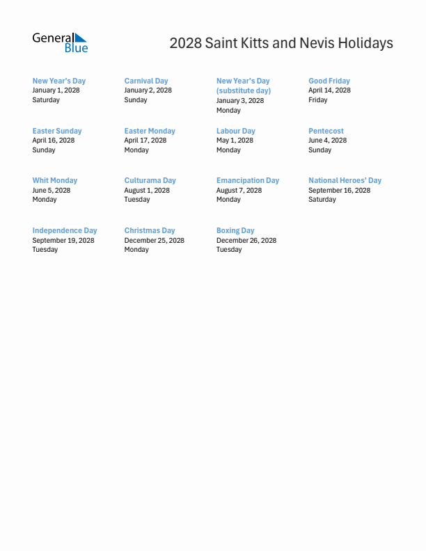 Free printable list of Saint Kitts and Nevis holidays for year 2028