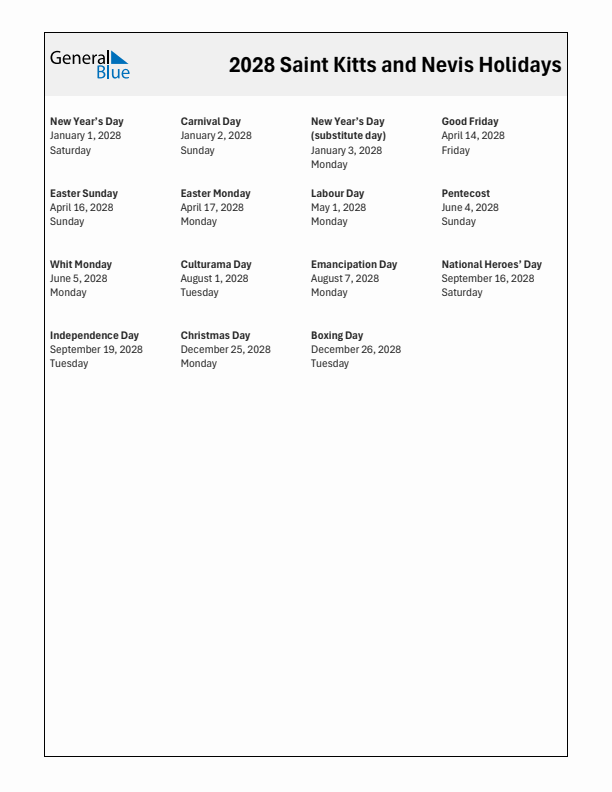 Free printable list of Saint Kitts and Nevis holidays for year 2028