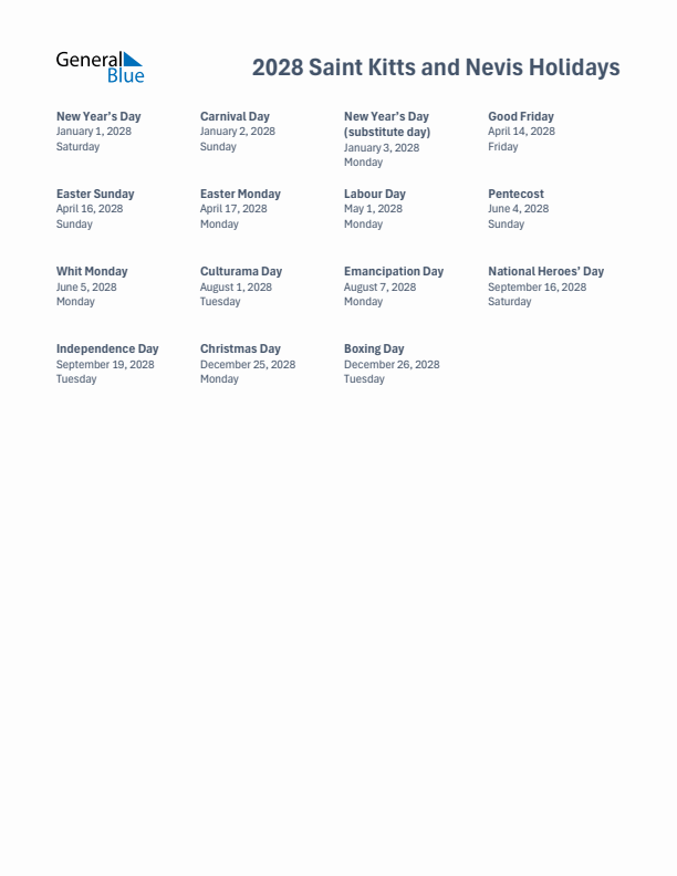 Free printable list of Saint Kitts and Nevis holidays for year 2028