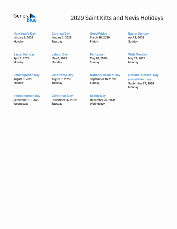 Free printable list of Saint Kitts and Nevis holidays for year 2029