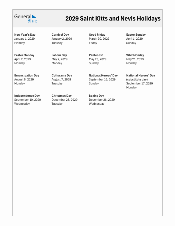 Free printable list of Saint Kitts and Nevis holidays for year 2029