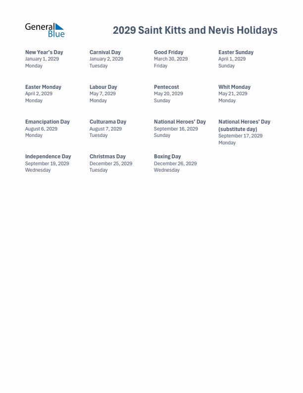 Free printable list of Saint Kitts and Nevis holidays for year 2029