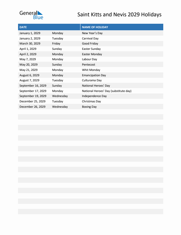 Free printable list of Saint Kitts and Nevis holidays for year 2029