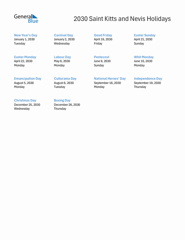 Free printable list of Saint Kitts and Nevis holidays for year 2030