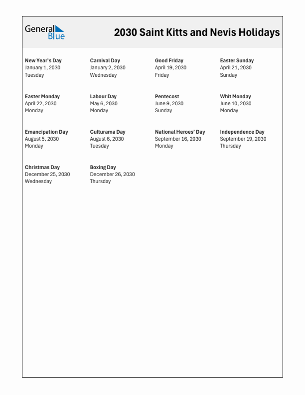 Free printable list of Saint Kitts and Nevis holidays for year 2030