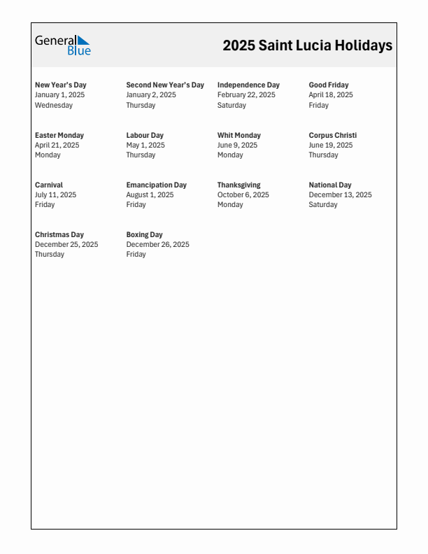 Free printable list of Saint Lucia holidays for year 2025