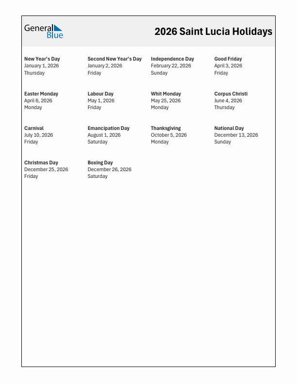 Free printable list of Saint Lucia holidays for year 2026