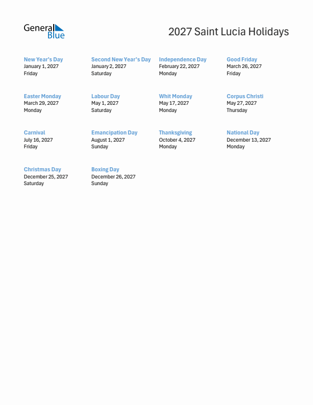 Free printable list of Saint Lucia holidays for year 2027