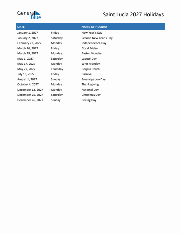 Free printable list of Saint Lucia holidays for year 2027