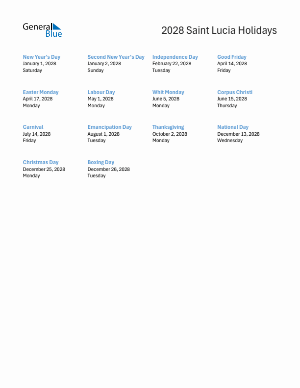 Free printable list of Saint Lucia holidays for year 2028