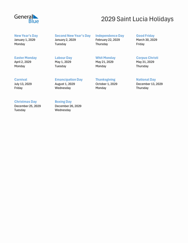 Free printable list of Saint Lucia holidays for year 2029