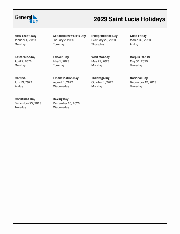 Free printable list of Saint Lucia holidays for year 2029