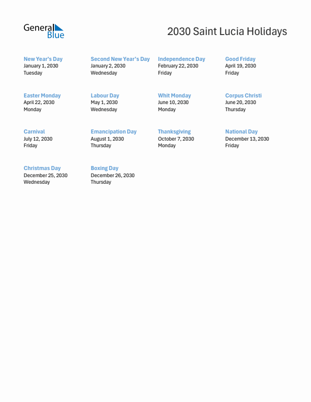 Free printable list of Saint Lucia holidays for year 2030
