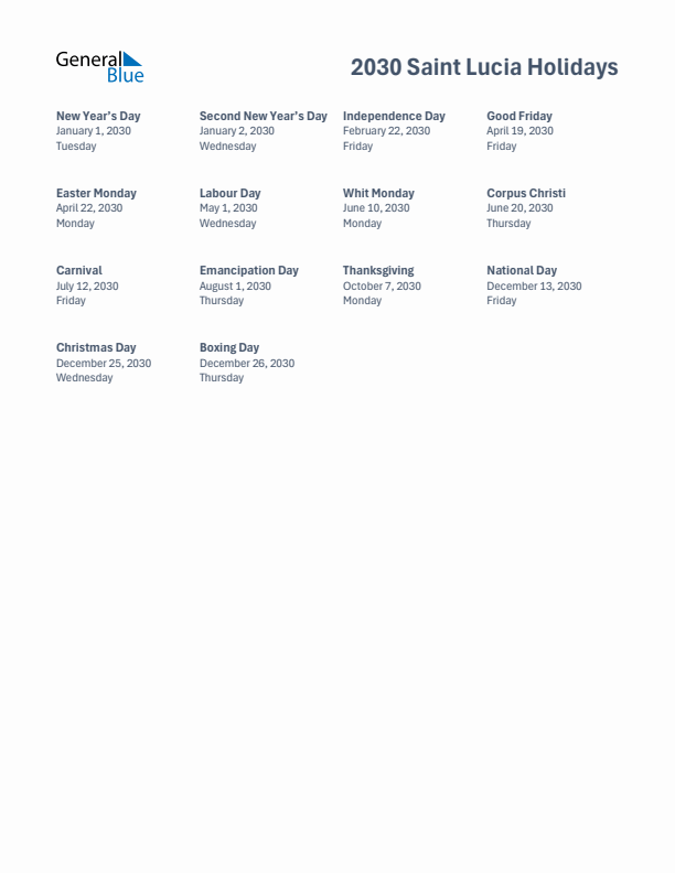 Free printable list of Saint Lucia holidays for year 2030