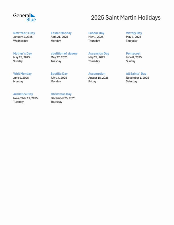 Free printable list of Saint Martin holidays for year 2025