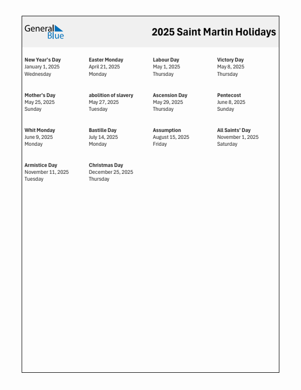 Free printable list of Saint Martin holidays for year 2025