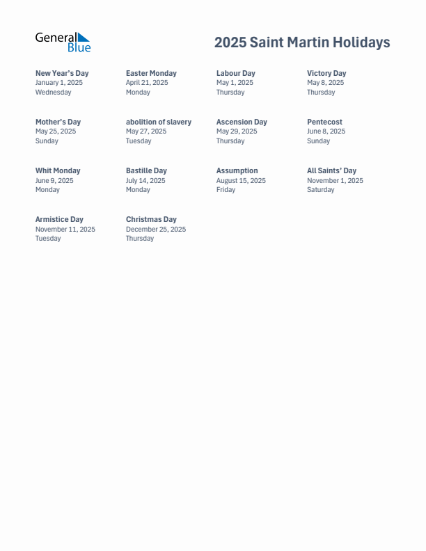 Free printable list of Saint Martin holidays for year 2025