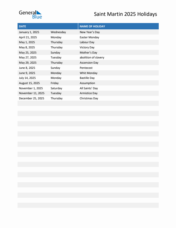 Free printable list of Saint Martin holidays for year 2025