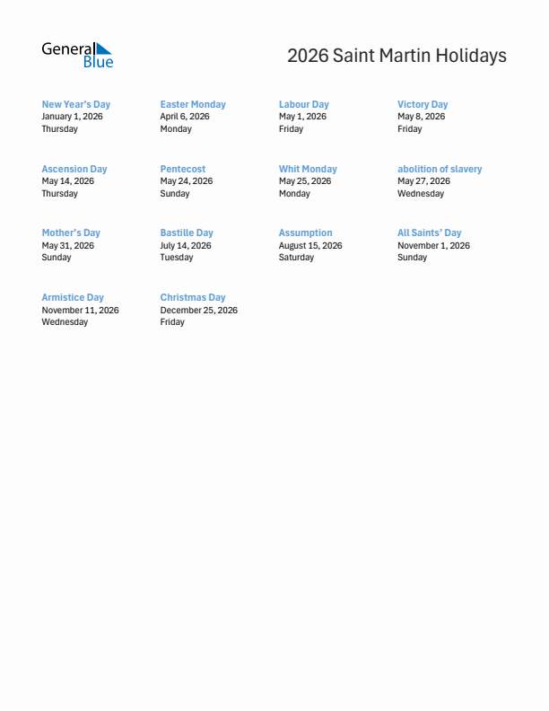 Free printable list of Saint Martin holidays for year 2026