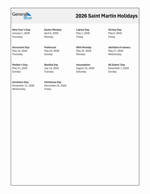 Free printable list of Saint Martin holidays for year 2026