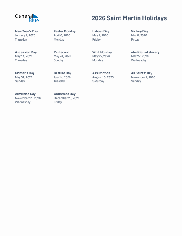 Free printable list of Saint Martin holidays for year 2026