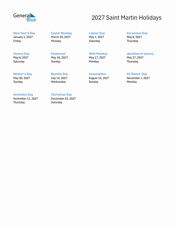 Free printable list of Saint Martin holidays for year 2027