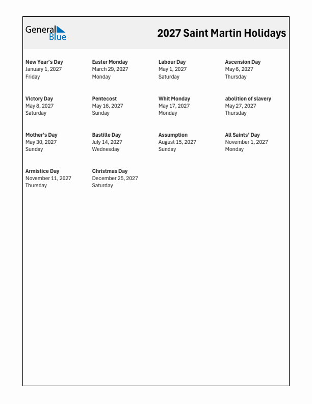 Free printable list of Saint Martin holidays for year 2027