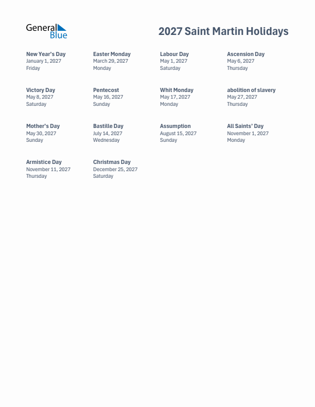 Free printable list of Saint Martin holidays for year 2027
