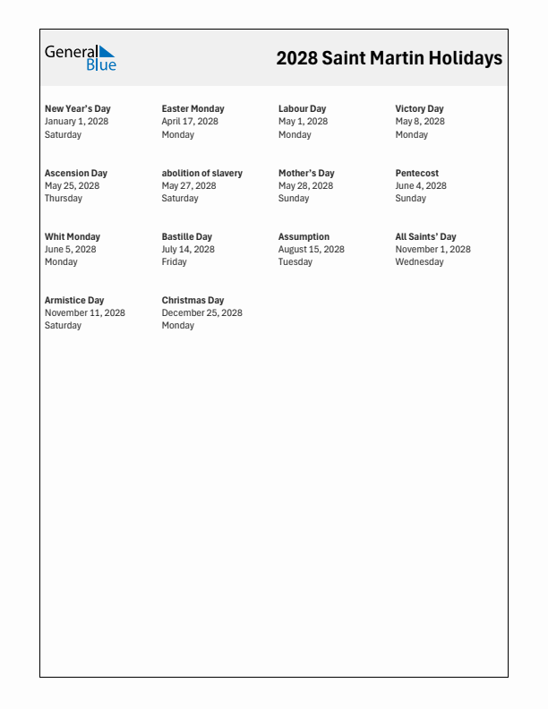 Free printable list of Saint Martin holidays for year 2028