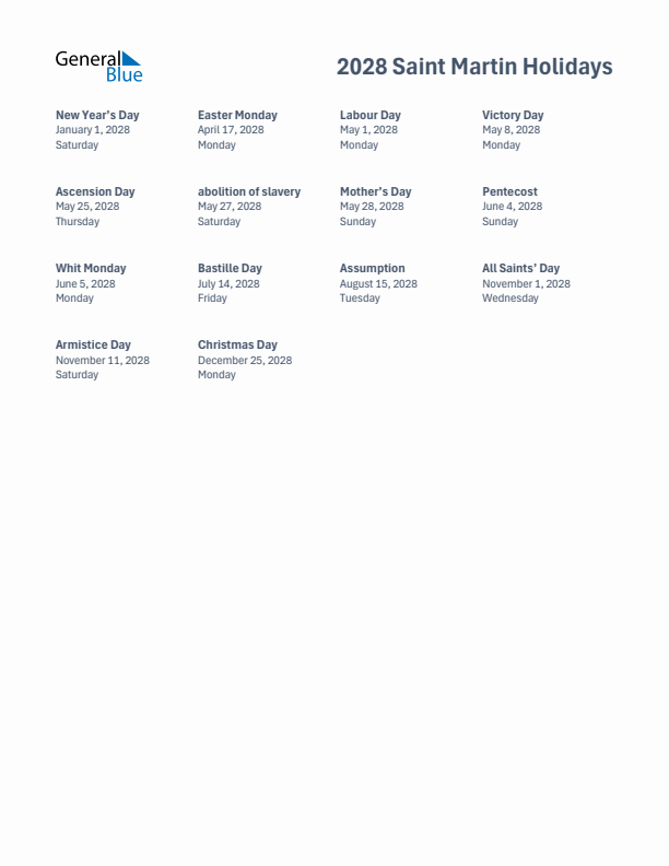 Free printable list of Saint Martin holidays for year 2028